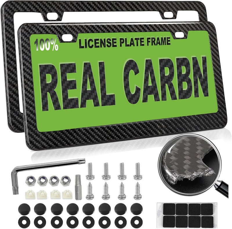 HIBRONGO Real Carbon Fiber License Plate Frame 100% Pure Carbon License Plate Frame Cover Black License Plate Holder Universal Car Tag Frame with Anti-Theft Screws & Caps - Front & Rear 2 Pack Wide Edge - Image 1
